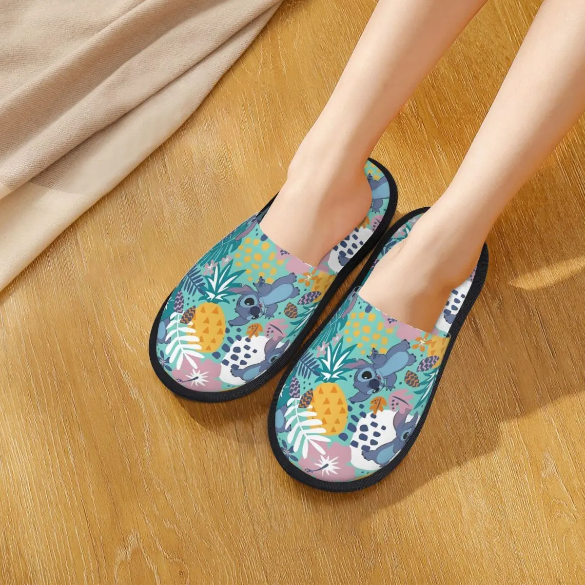 Stitch Green Leaves House Slippers Non-skid Anime Soft Household Fur Slippers Slides Bedroom