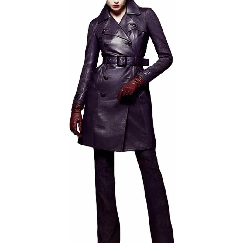 

HOT Women Real Genuine Leather Long Coat Purple Trench Belt Button Coat Overcoat