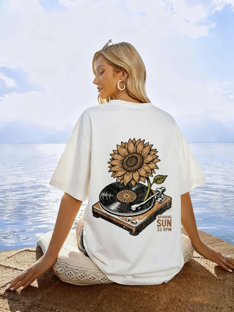 

New Women's Loose White T-shirt Sunflower Vinyl Record Print Women's Seaside Vacation Casual Wear
