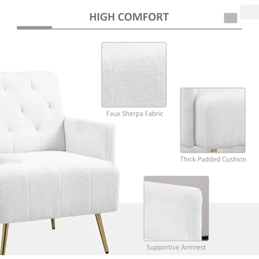 Modern Sherpa ornament chair, tufted armchair in fabric, gold steel legs, reading chair in fabric, comfortable living room chair