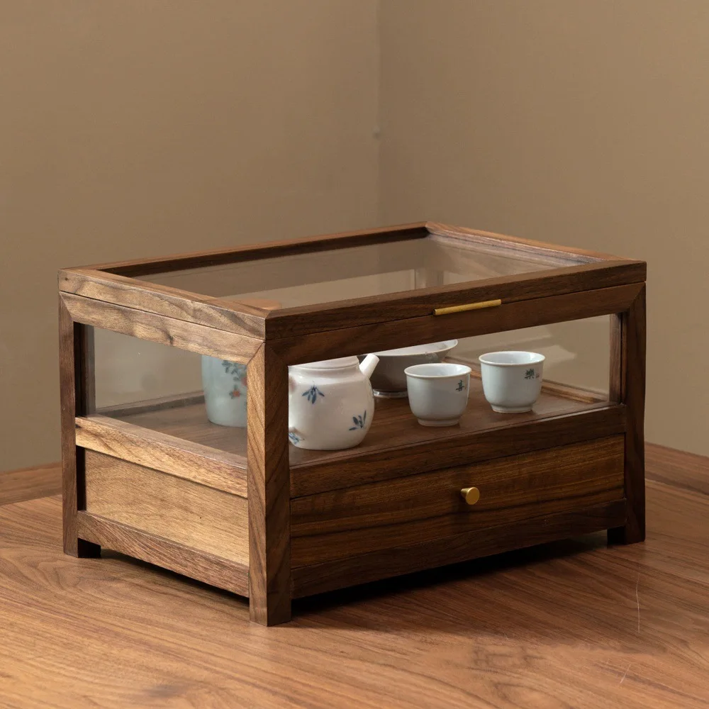 

Black walnut solid wood desktop storage box water cup tea set dust drawer storage