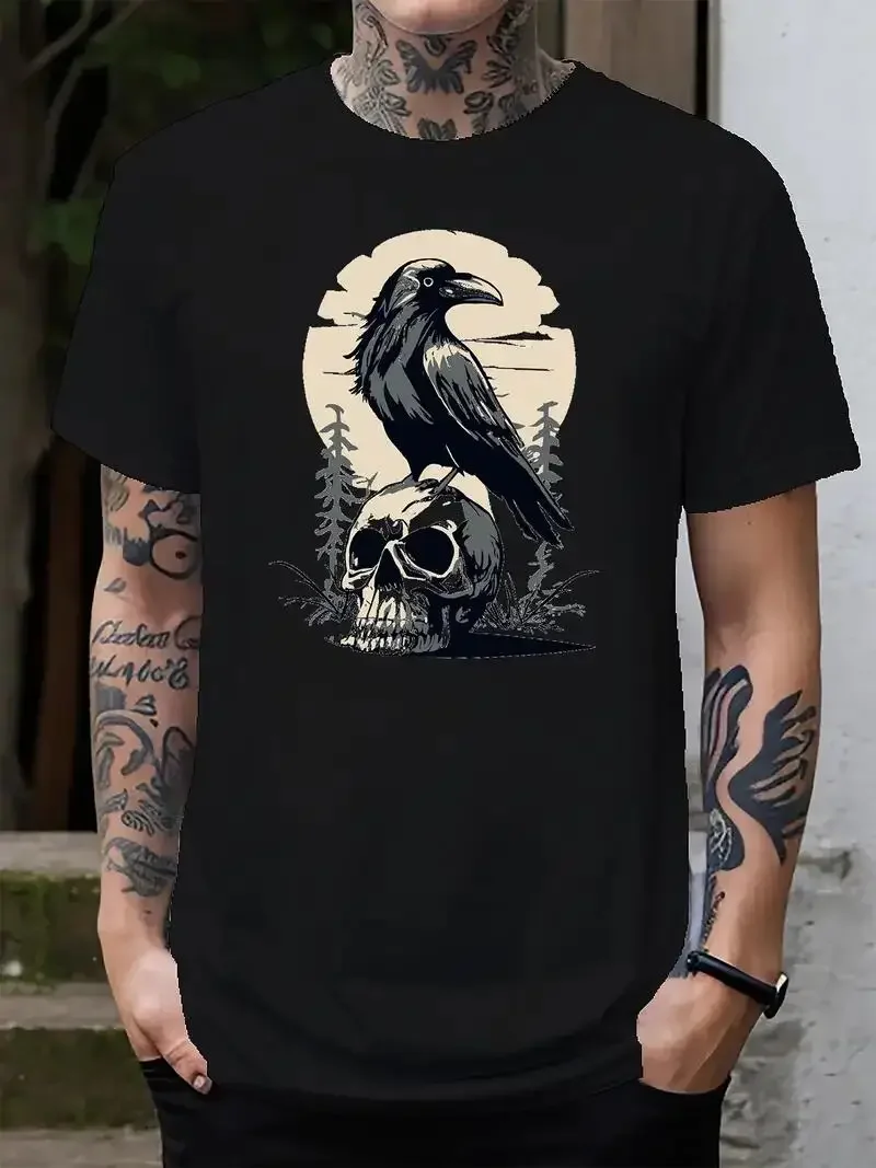 Skull And Crow Pattern Print Men's Creative Top, Casual Short Sleeve Crew Neck T-shirt, Men's Clothing For Summer Outdoor