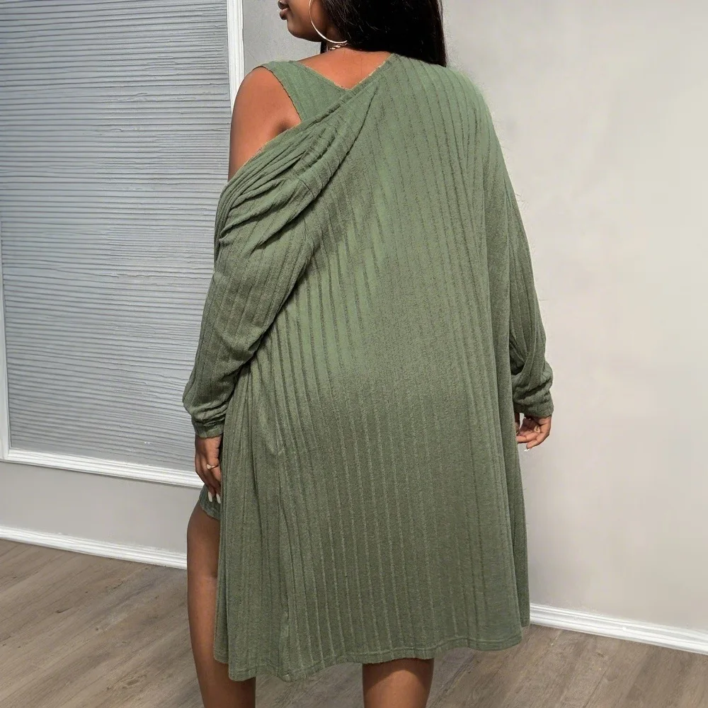 Two Piece Sets Women Dress Set Mid Length Dresses Matching Sets Sling V Neck Vestidos Coats Open Stitch Y2k Streetwear Elegant