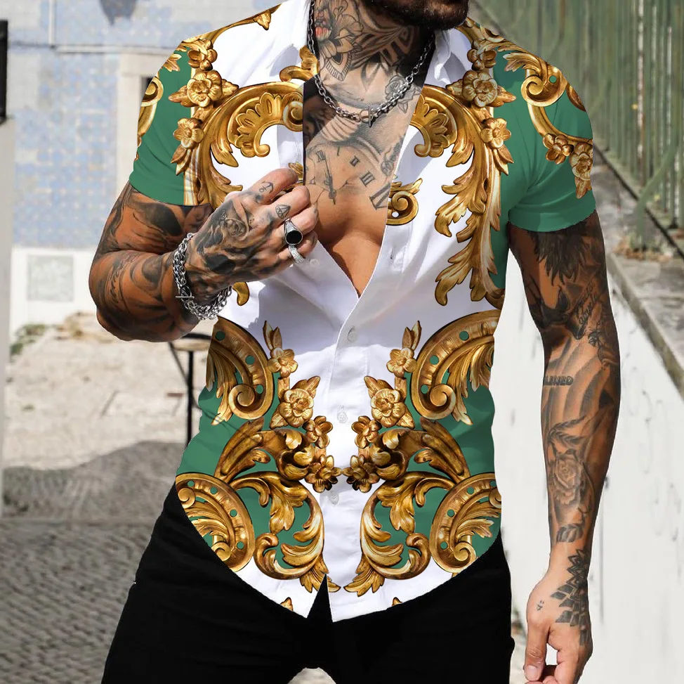 Mens Clothing Social Shirt Man Baroque Print Loose Shirts Tops Luxury Lapel Prom High Quality Blouse 5XL Oversized Tee Shirt Men