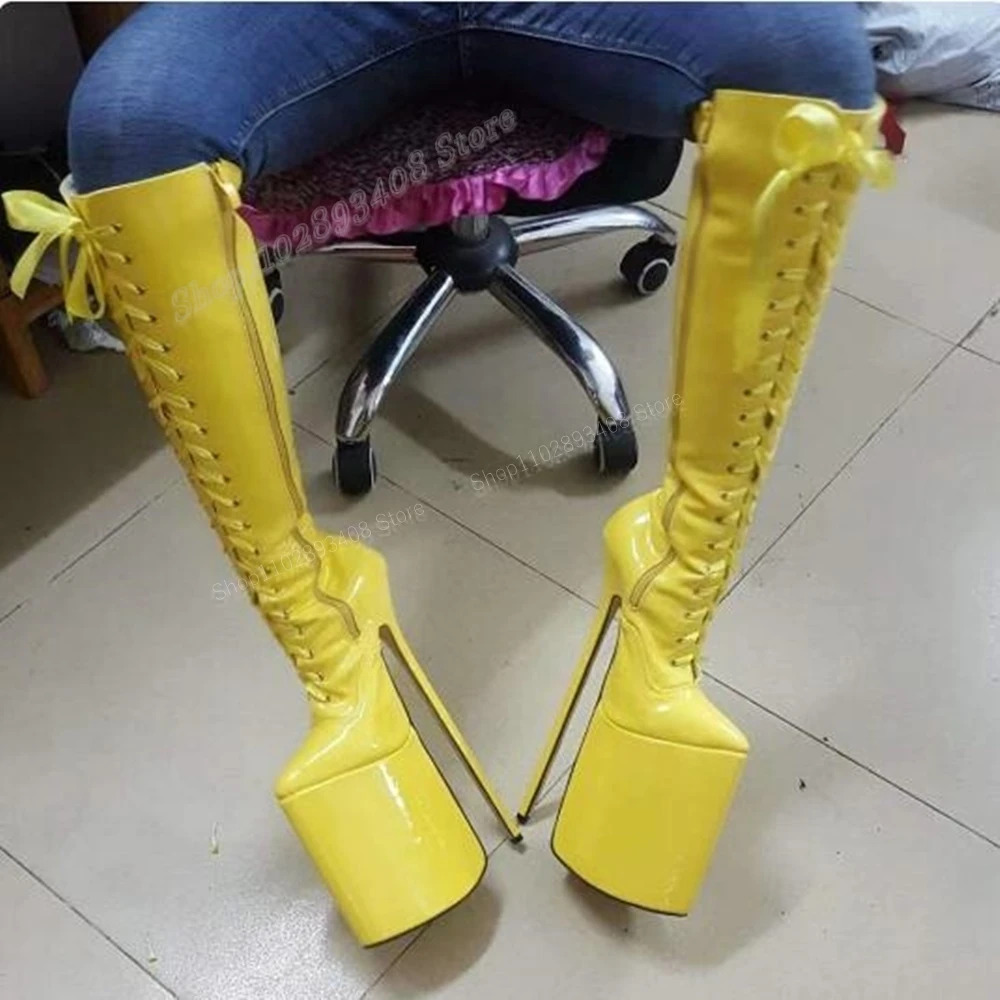 Botas altas de couro amarelo para mulheres, salto super estilete, com cordões, sapatos de plataforma sexy, 30cm, 2024