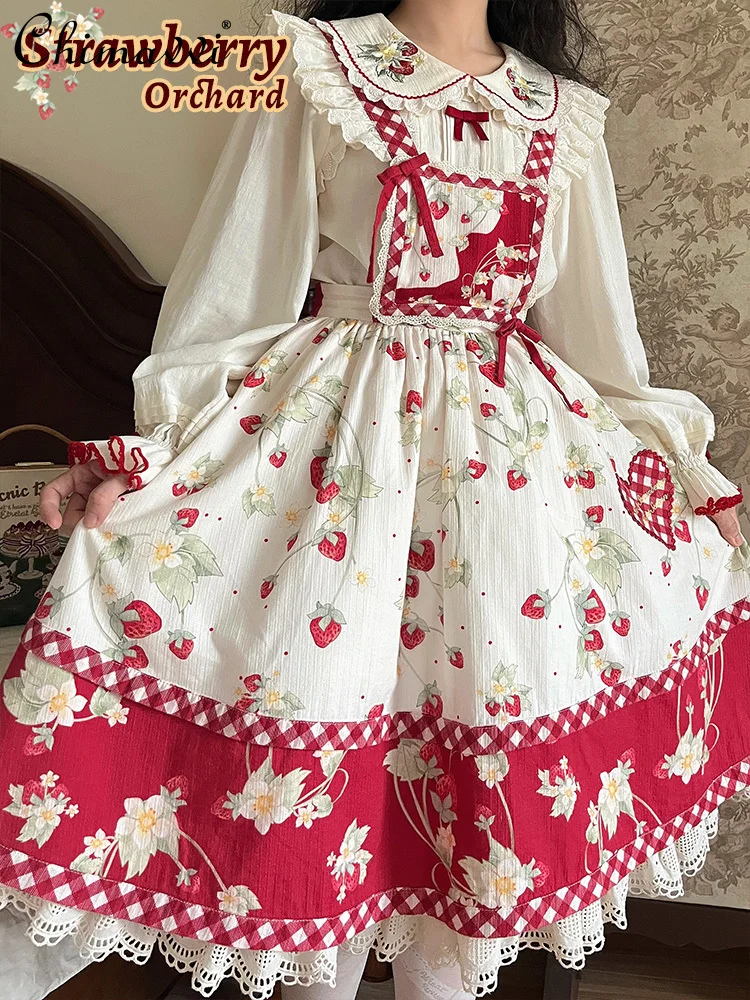 Original mignon fraise broderie Lolita filles à manches courtes/chemise à manches longues printemps automne doux coton Blouse doux Blusas