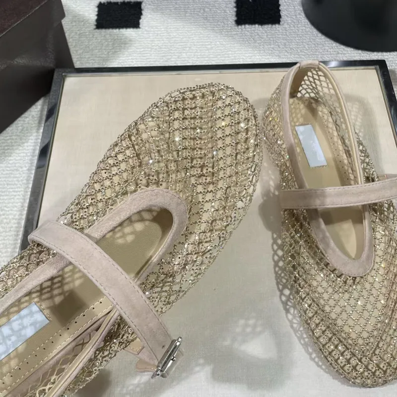Designer Brand Original Fishnet Shoes, Woven Openwork Full Rhinestone Mesh Mary Jane flats, Breathable Ballet Shoes