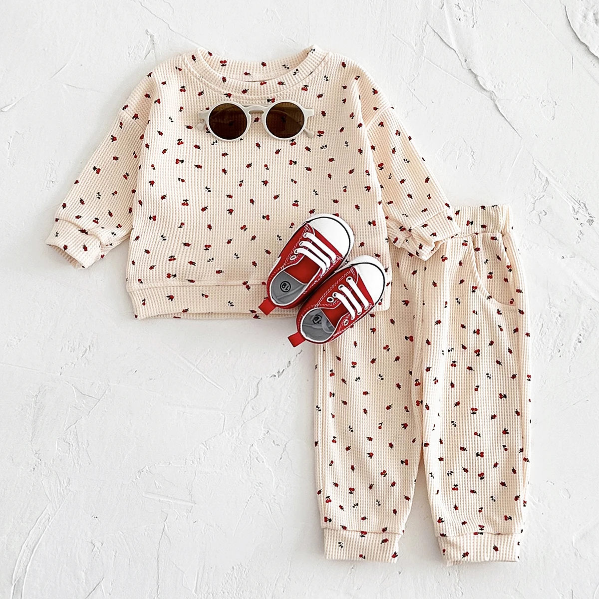 2024 Newborn Baby Sets Spring Autumn Warm Cotton Clothes Waffle Fruits Print Leisure Sportswear Boys Girls Infant 0-3Y