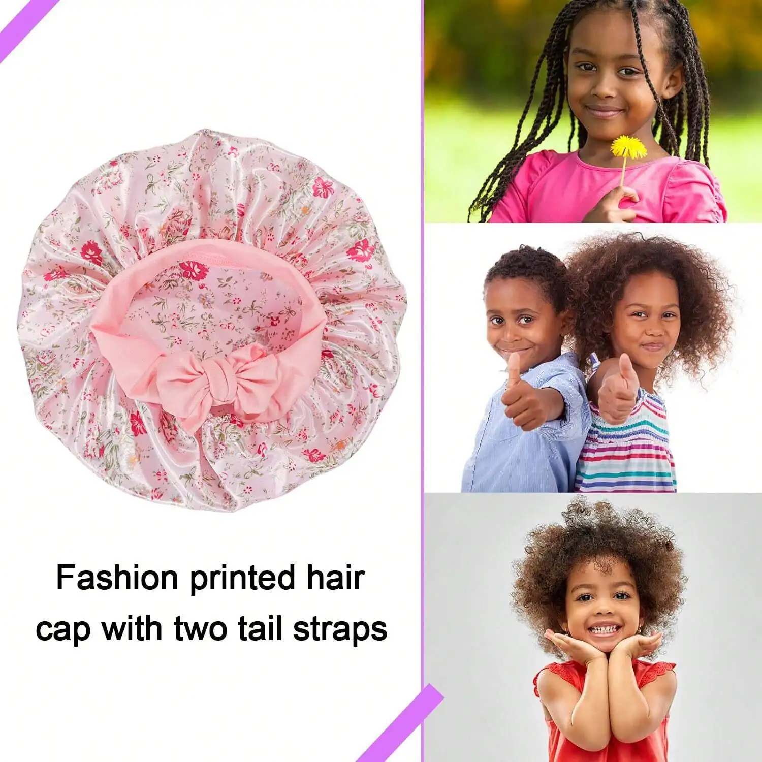 

Набор из 4 штук: Детские шапочки с принтом и длинной лентой, модные шелковистые атласные шапочки для сна, удобные и милые повседневные аксессуары для волос