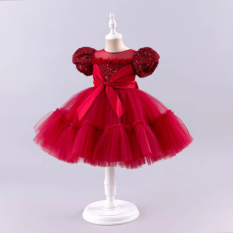 

New Girl Birthday Party Dress Puffy Christmas Baby Dress Sequins Tutu Kid Red Clothes