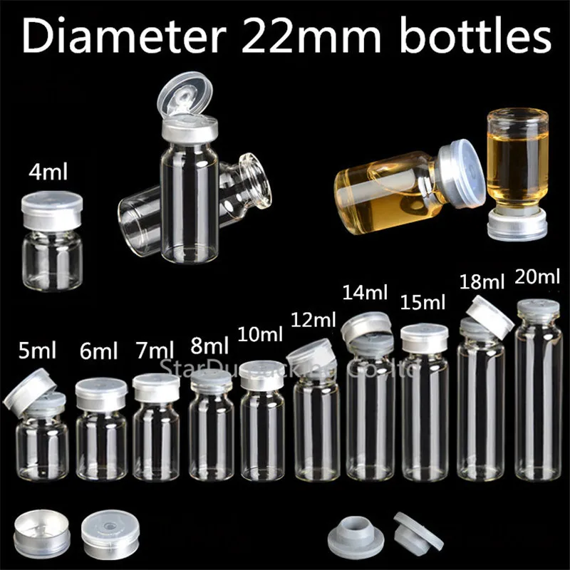 100 sztuk/partia średnica 22mm 4ml 10ml 15ml 20ml przezroczysta fiolka ze szkła do wstrzykiwania z odchylaną nakrętką, szklane butelki 1/3 uncji