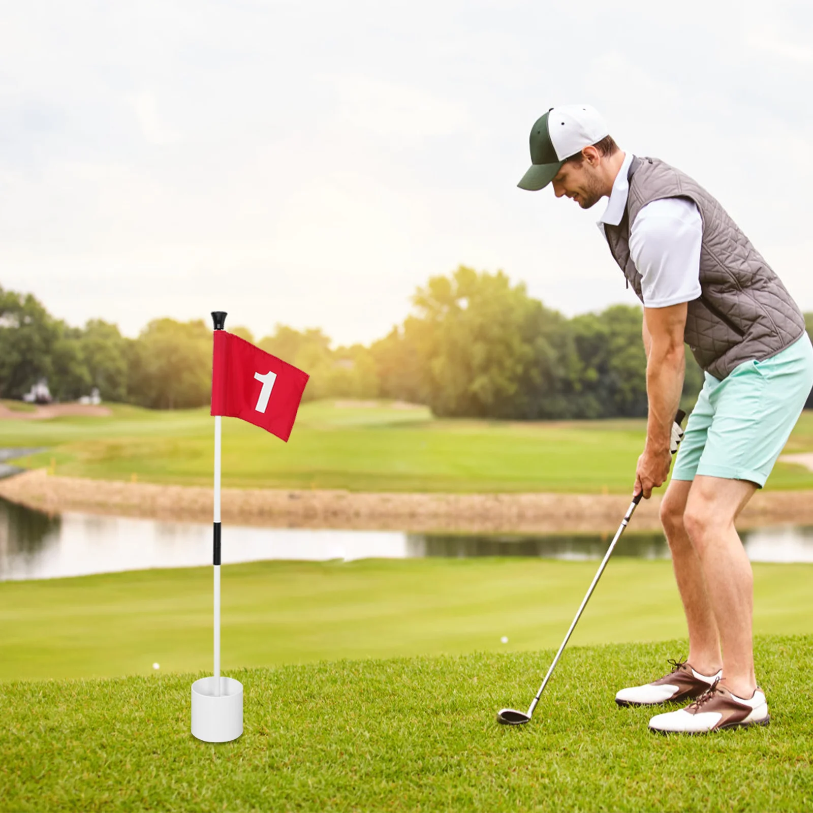 مجموعة واحدة من أدوات سارية علم الجولف خفيفة الوزن من الألياف الزجاجية مع قاعدة ABS علم مرقم قابل للإزالة للتدريب على مستلزمات الجولف