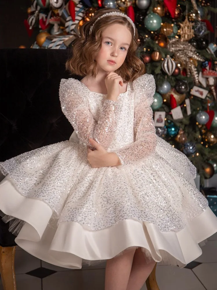 

Girls Princess Children Beaded sequins Bow tutu Wedding Gown perspective Long sleeved Kids Dresses baby Birthday Party Dress