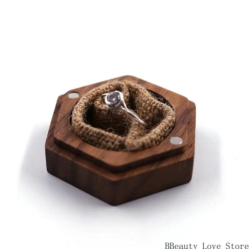 

Octagon Shaped Walnut Wood Ring Box Linen Soft Interior Holder Organizer Jewelry Wooden for Case for Proposal Engagement