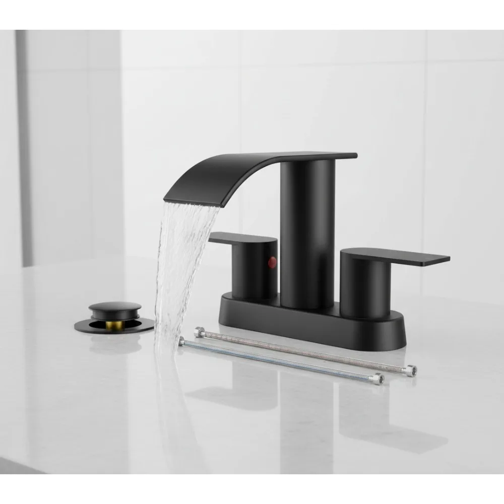 

Matte Black Waterfall Bathroom Faucet 4" Centerset with Metal Pop-Up Drain - Easy Install for Vanity, RV, Sink
