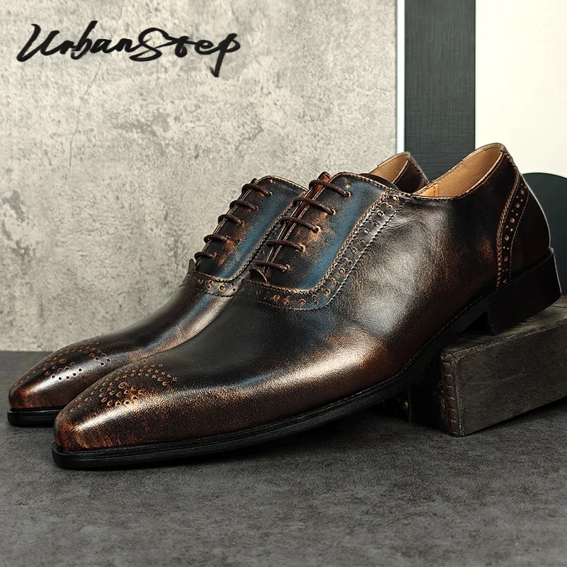 Handmade Vintage Men's Shoes Luxury Genuine Leather Bronze Lace Up Men Dress Shoes Wedding Office Casual Oxfords Man