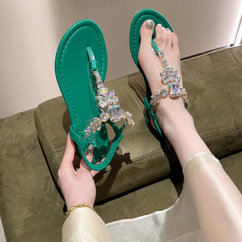 2024 New Fashion Women\'s Rhinestone Decorative Sandals Elastic Slippers Casual Summer Beach Outdoor Sandals Lightweight High-end