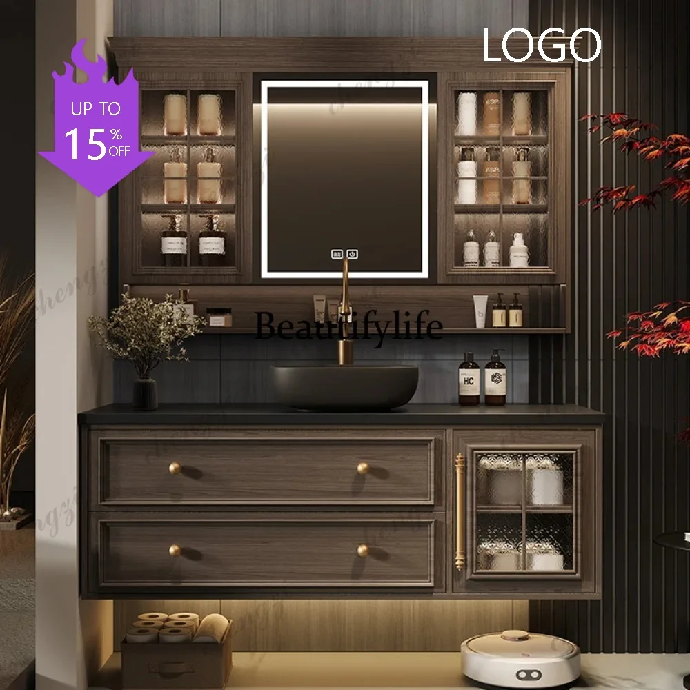 

M183 Bathroom Vanity With Aesthetic French Retro Oak Bathroom Cabinet Rock Plate Wash Basin Combination Bathroom Custom Wash Bas