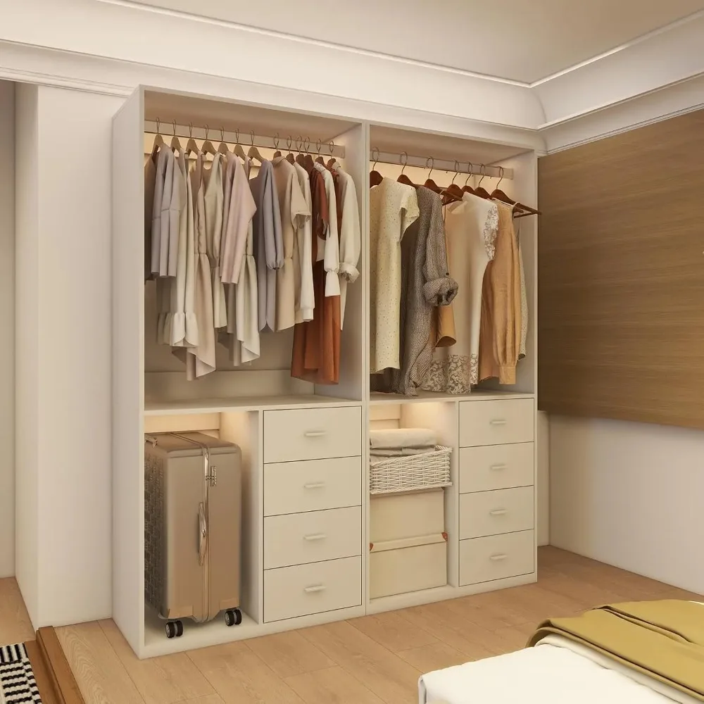 Walk-in Closet System with 4 Drawers Shelves and Hanging Rod Assembly Closet for Clothes Multifunctional Wardrobe Room Portable