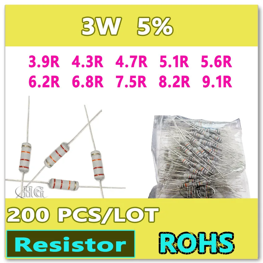 JASNPROSMA 200 Buah/Lot 5% 3W 3.9R 4.3R 4.7R 5.1R 5.6R 6.2R 6.8R 7.5R 8.2R 9.1R Film Karbon DIP OHM Resistor
