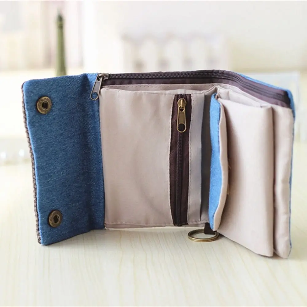 Multifunctional Portable Canvas Coin Purse Three Fold Print Maneki Neko Wallet Lightweight Lucky Cat Zipper Short Wallet Women