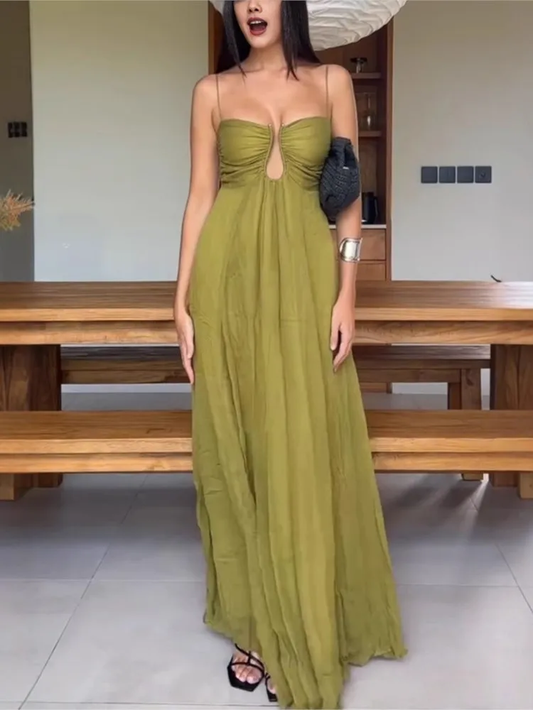 

Dresses 2025 Woman Spaghetti Strap Simple Style Sling Solid Color Backless Temperament Sexy Hollow Out Trendy Holiday All-match