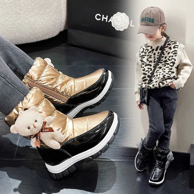 

2025 Kids Anti-Slip Snow Boots, Mid-Calf Warm Winter Boots with Bear Decoration & Cotton Lining for Boys and Girls