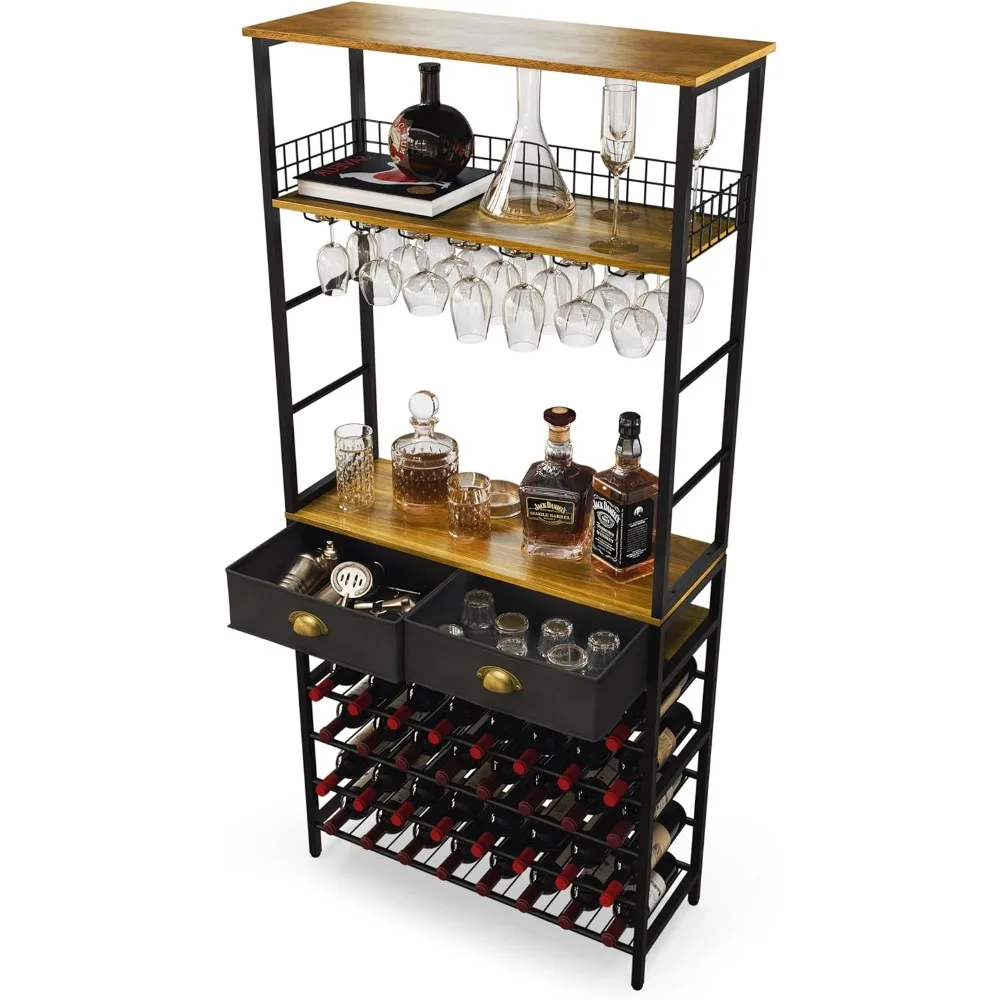 Wine Rack Freestanding Floor with Wine Glasses Holder, Liquor Cabinet Bar for Home, 2 Storage Drawers, Bar Cabinet