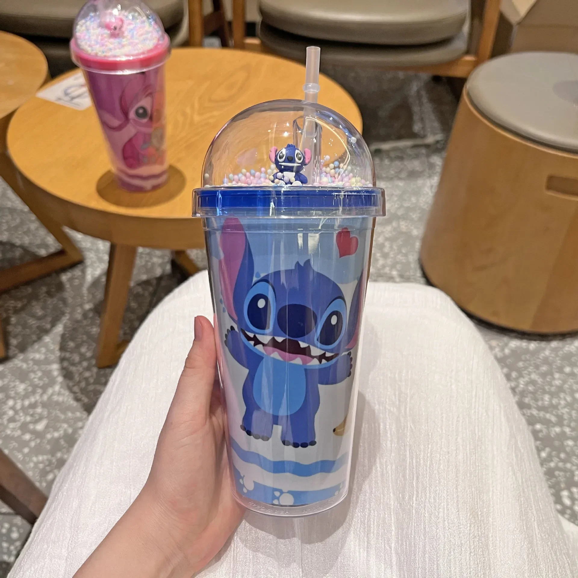 450ML Disney Stitch Double Layer Plastic Cup Cartoon Figure Kawaii Large Capacity Cups with Straw Anti-fall Sports Water Bottle