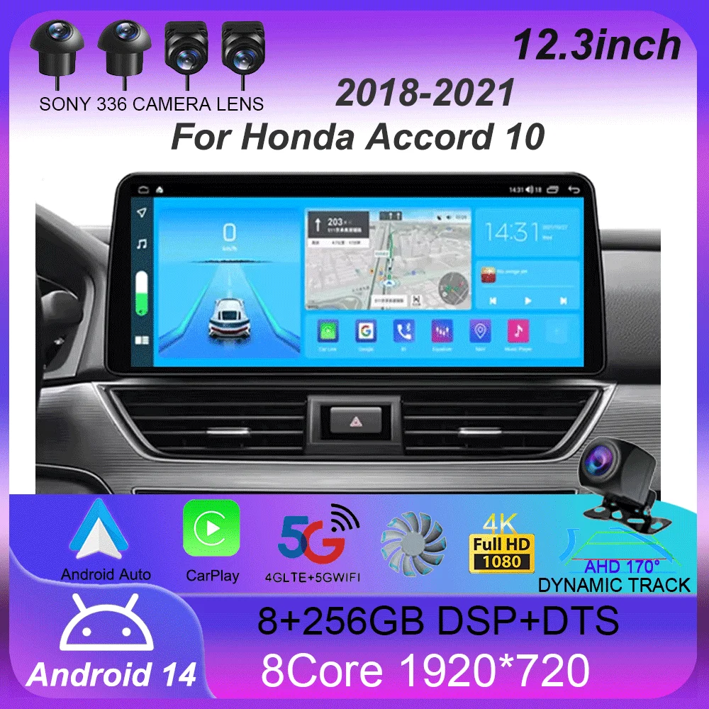 Android 14 For Honda Accord 10 2018 - 2021 12.3 Inch QLED Screen Multimedia Video Player Car Radio GPS Navigation Carplay 5G DSP 