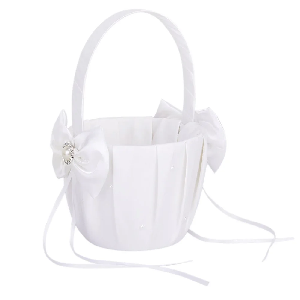 

White Flower Girl Basket For Wedding 13X22Cm Beige Satin Bowknot Rhinestone Faux Pearl Embellished Party Gift Confetti Storage