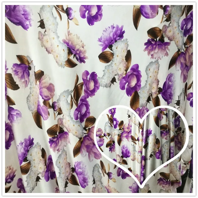 Knitted Fabric Printed with Broken Flowers Purple Peony Flowers and Big Flowers and Latin Dance Clothes with Good Elasticity