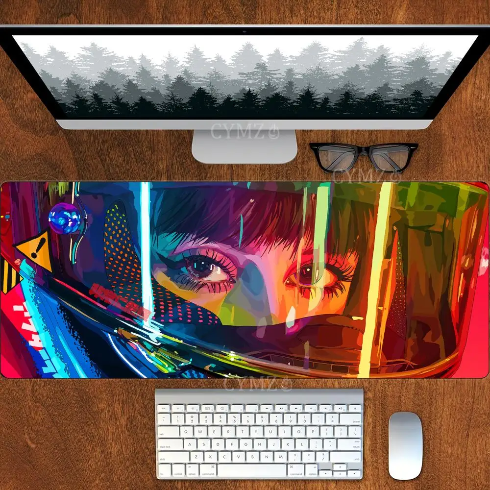 Neon-style anime girl illustration Mouse Pad Desk Mat Gaming pad Non-Slip Stitched Edge pc accessories 30X80CM office mousepads