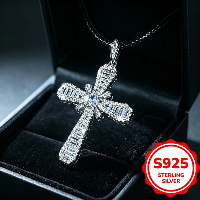 Genuine 925 Sterling Silver Cross Pendant Necklace for Men Women Sparkling Baguette Crystal Necklace Religious Jewelry Gift