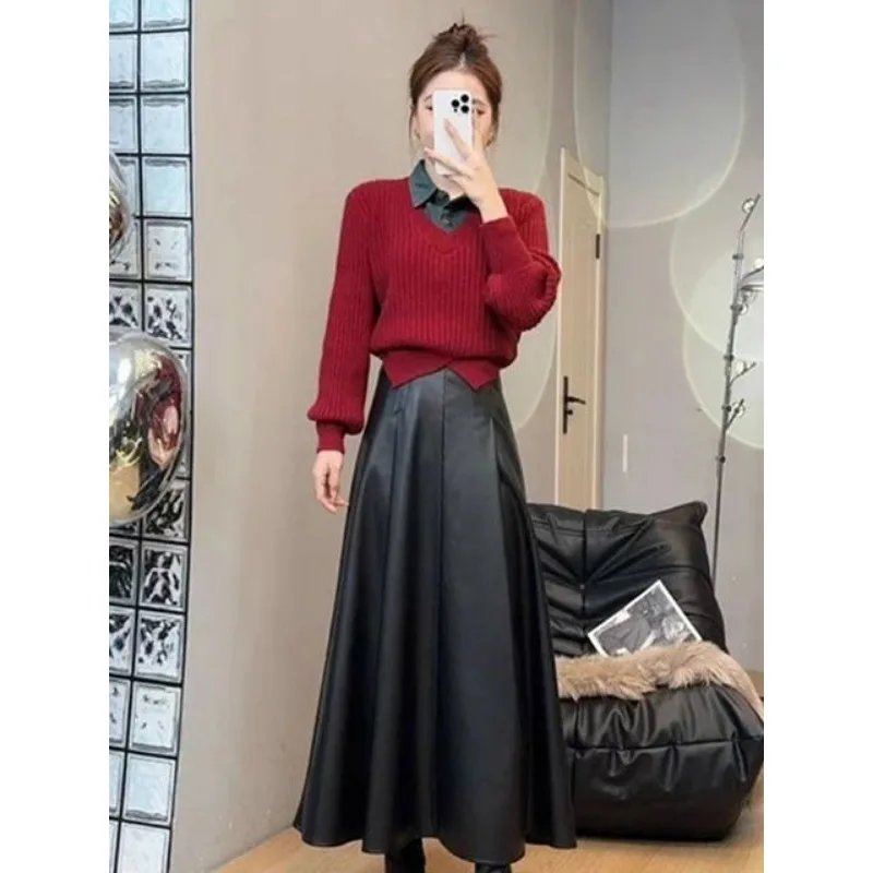 

Осень-зима женский французский винтажный свитер-поло юбки из искусственной кожи костюмы из двух предметов женские изящные лоскутные вязаные топы юбки комплекты