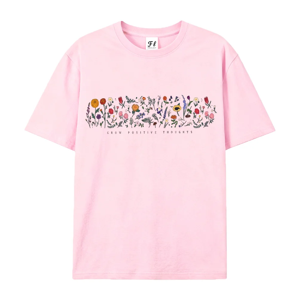 Women T Shirt Grow Positive Thoughts Wildflower Graphic Tees Mental Health Floral Vintage Aesthetic Short Sleeve Tops