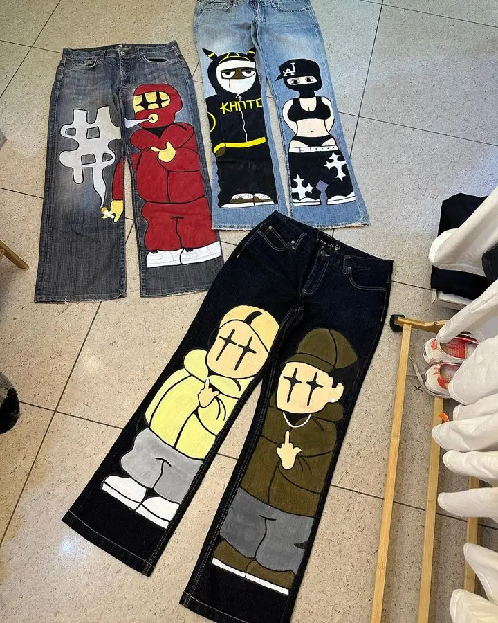 Cartoon Graphic Jeans Y2K Pants Mens Womens Gothic Harajuku Anime Cartoon Print Baggy Jeans Low Rise Wide Leg Trousers