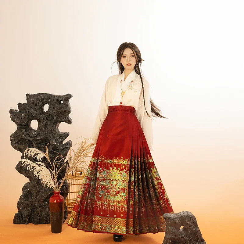 Element Original Hanfu Women Dress Ma Mian Skirt Hanfu MIng Dynasty Weaving Silver Gold Horse Face Skirt Daily Suit