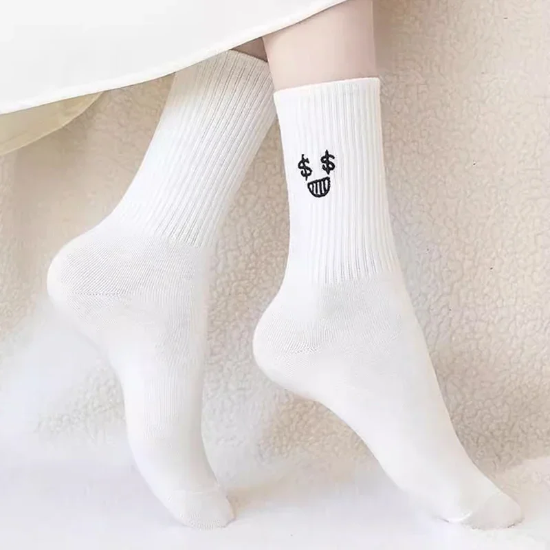 5pairs/set Summer Funny Mood Expression White Socks Women Girls Simple Cotton Soft Solid Spring Sport Middle Tube Short Sock