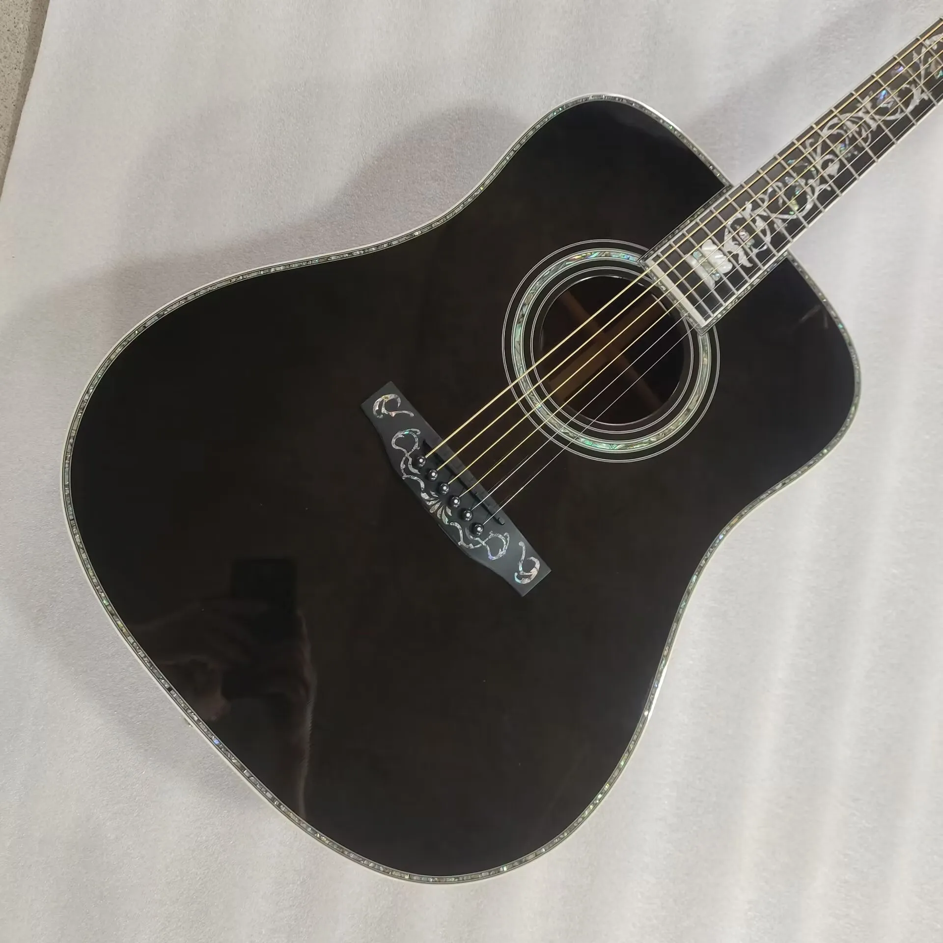 

Handmade Deluxe black Acoustic Guitar with Real abalone Inlay, logo can customize, dreadnought guitar