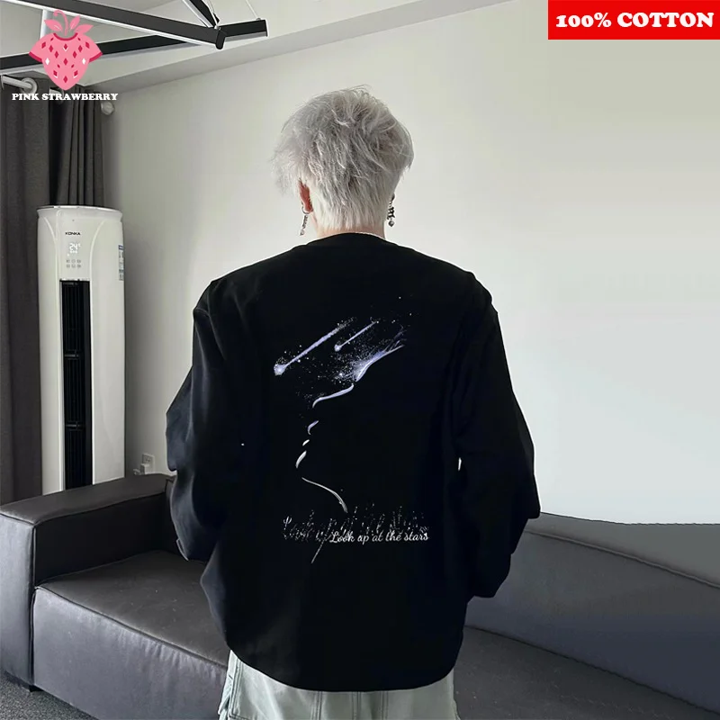 

American Hip-hop Street Print T-shirt Men Autumn 2025 New 100% Cotton Black Ventilate Long sleeves T-shirt Y2k Top Men clothing