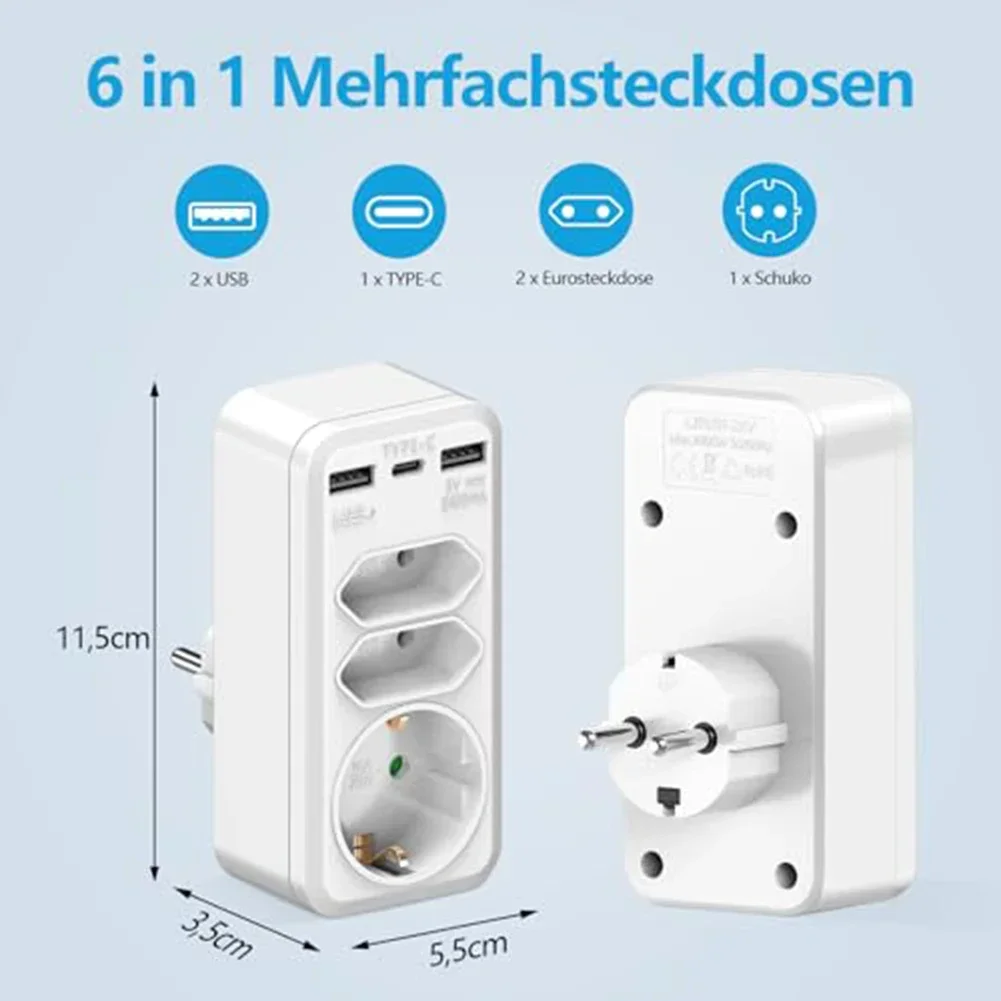 Enchufe múltiple 6 en 1 con USB, regleta de enchufe múltiple con divisor USB, enchufe de expansión, convertidor de enchufe de extensión de alimentación