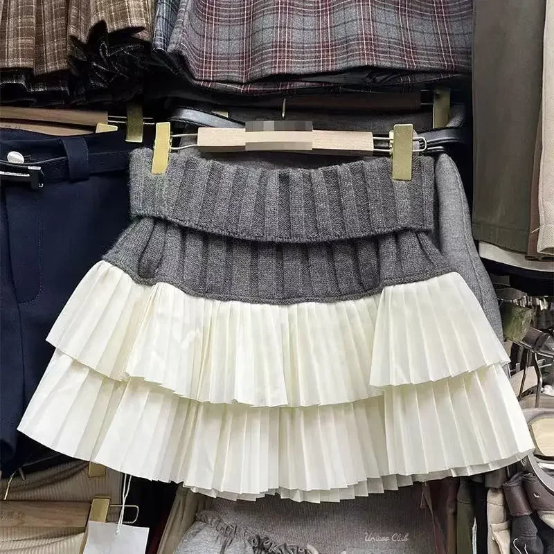 

Hot Girl Spliced short Skirt Autumn and Winter New Elastic Waist A-line High-waist Cake Pleated Skirt Small Skirt