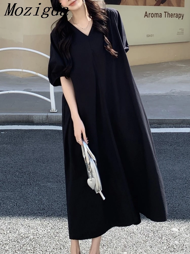 퍼프 슬리브 여름 빈티지 여성 드레스 새로운 높은 허리 솔리드 v 넥 캐주얼 루즈 a 라인 드레스 여성 vestidos