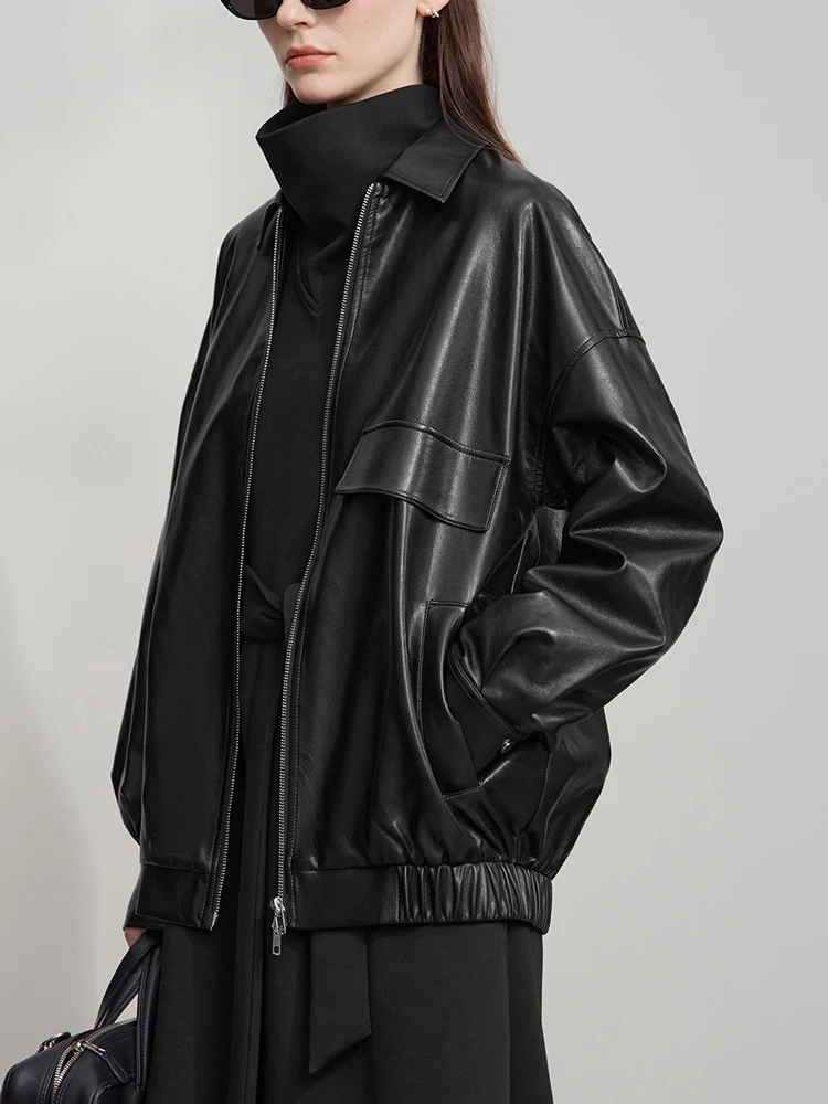 

Женская кожаная куртка AMII, осень 2023, новая уличная одежда, стильная куртка из искусственной кожи с лацканами на молнии и длинными рукавами, повседневные свободные топы 12543118