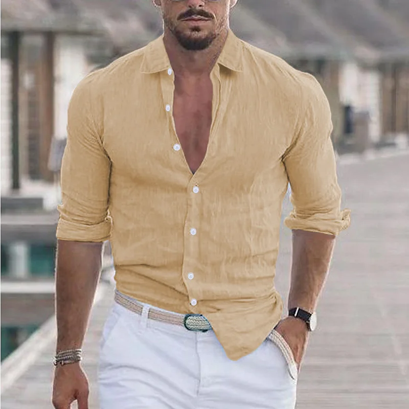 

Men's casual cotton and linen shirt, summer beach style, solid color single-button breathable and lightweight fashionable top