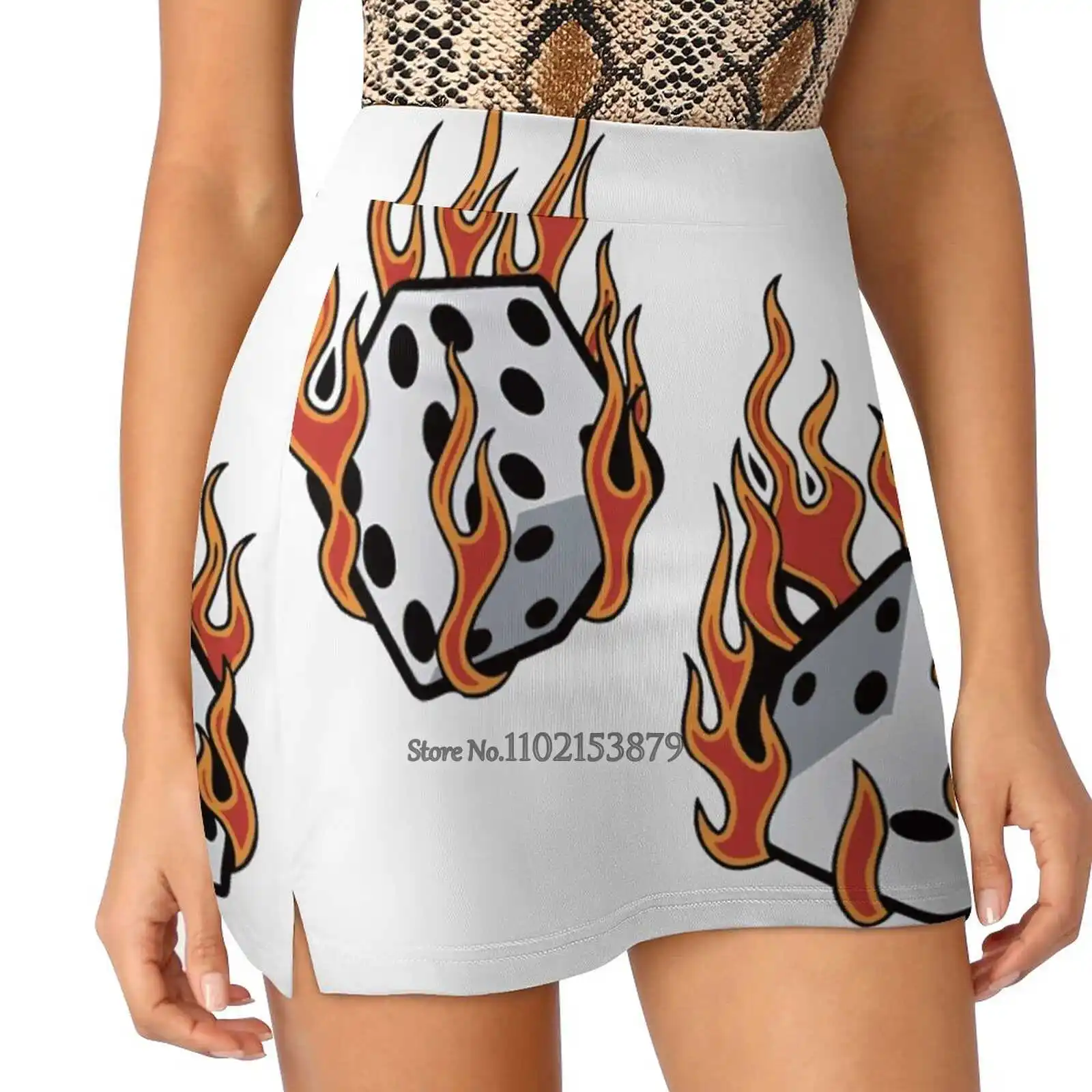 Flaming Dice Women Sports Skirt Tennis Golf Dance Fitness Running Yoga Skirts Dice Flaming Fire Poker Gambling Game Casino Luck