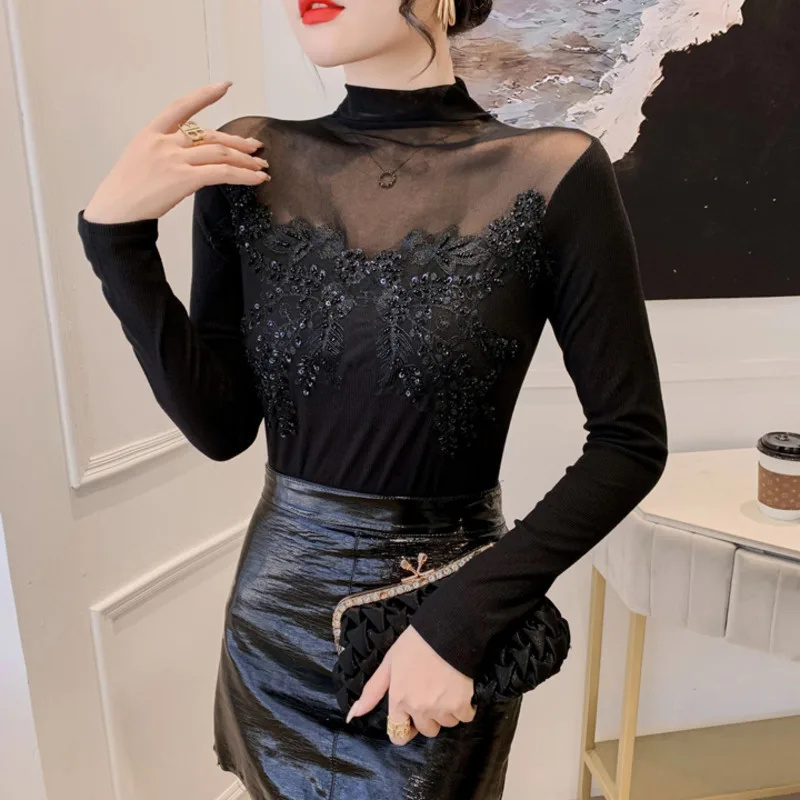 #4250 Black Turtleneck T Shirt Women Sexy Perspective Spliced Mesh Tight T-shirt Ladies With Sequins Embroidery Korean Style