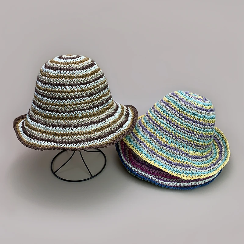 

Personal Beach Striped Bucket Hats New Women Bohemian Sunshade Outdoor Breathable Travel Versatile Pastoral Fashion Straw Caps