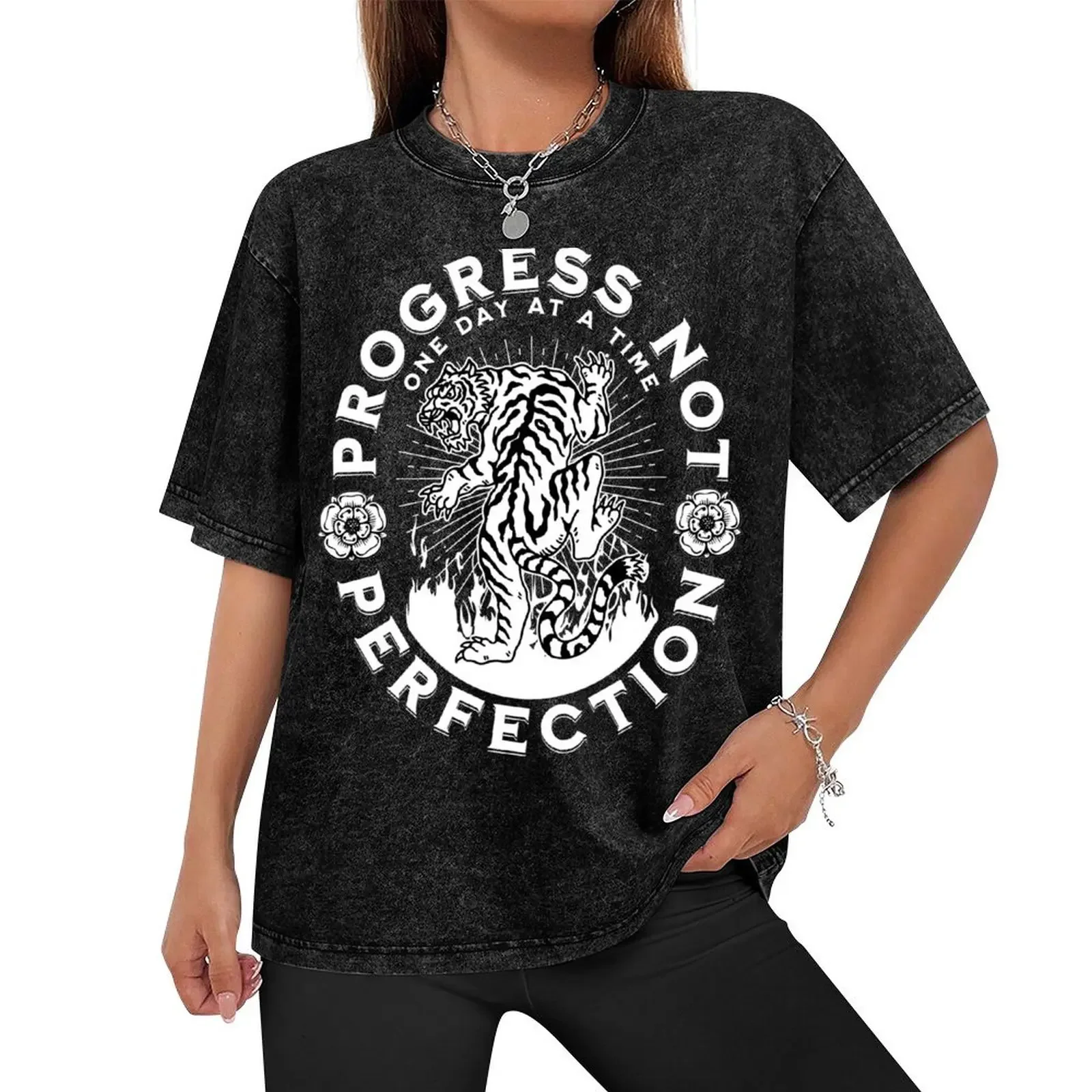 Progress Not perfection Tattoo Style Sobriety Tiger Design. One Day At A Time. T-Shirt sublime summer tops mens tall t shirts